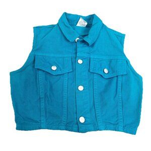 VTG 90s BONGO JEANS Gene Montesano Medium Blue Turquoise Button Trucker Vest EUC